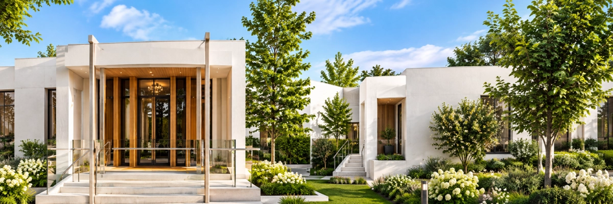 White building with glass doors and windows, a staircase with a metal fence, a group of trees, plants with flowers