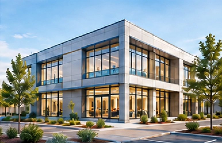 Modern office building with glass walls and pillars, surrounded by trees and plants, with a road in front of it